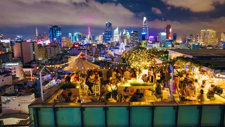 SolLuna Rooftop Poolbar with Ho Chi Minh City skyline at night